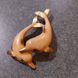 Charming Vintage Gold and Tan Dolphin Pendant